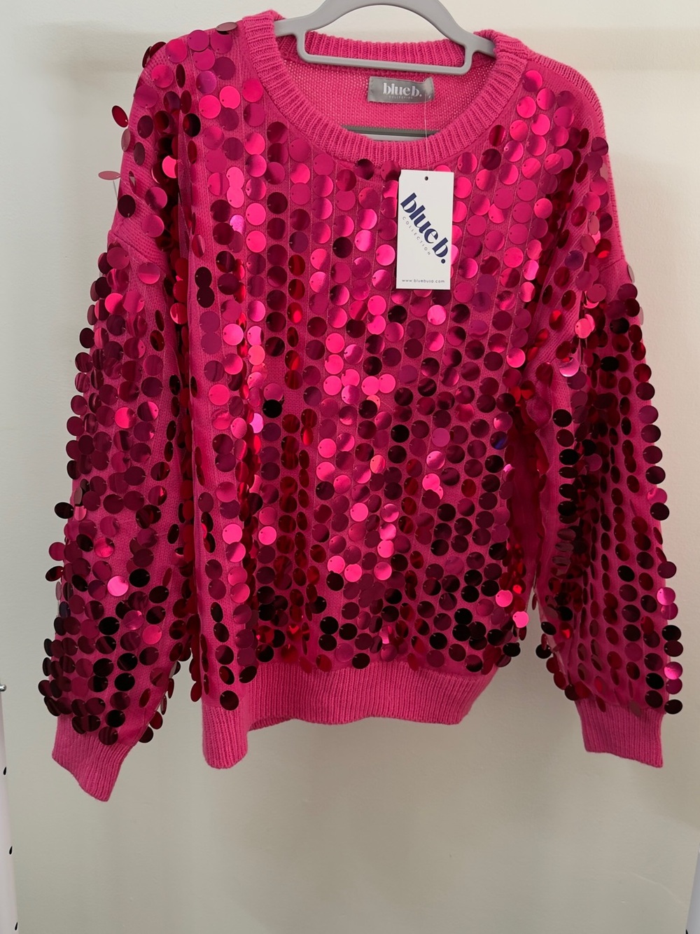 Blue B Collection Women Hot Pink Sequin Knit Sweater Long Sleeve Pullover Size M